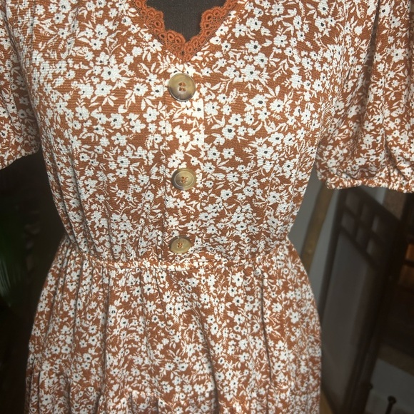 Blu Pepper Women’s Floral Short puff Sleeve S Dress boho babydoll burnt orange - Picture 2 of 7